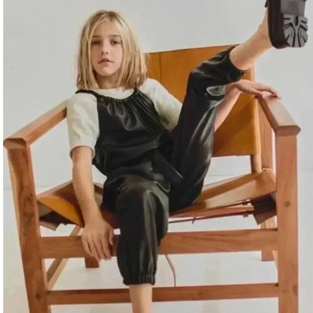 ZARA Faux Leather Cropped Girls Sleeveless Jumpsuit Sz 11/12 Buttery Soft - Picture 3 of 16